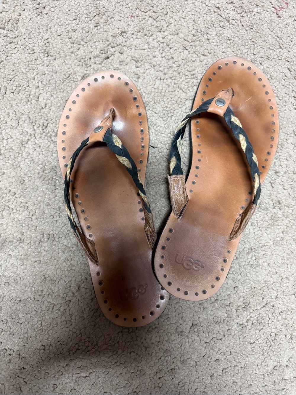 UGG Tan and Black Leather Braided Thong Sandals with UGG Accent